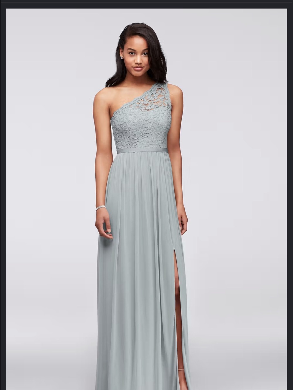 David's Bridal One-Shoulder Lace Bodice Maxi Dress in Sage Green